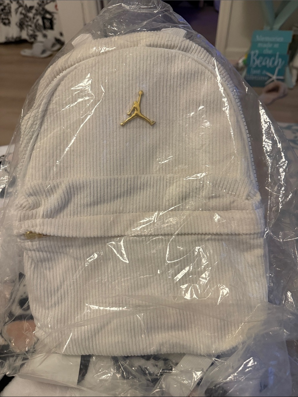 Jordan White Corduroy Mini Backpack with Gold Jumpman